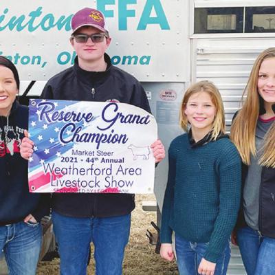 Clinton FFA and 4H members placed high in different categories at the Weatherford Area Show. Pictured are, from left, Angela Gauger, Cameron Nickel, Georgia Rose and Annabelle Rose. Ag students do well at area show
