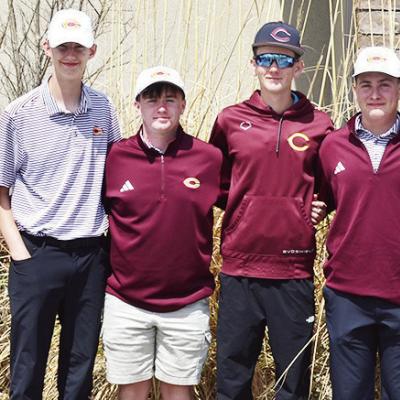Clinton’s boys’ golf team is all smiles after completing the conference tournament at Prairie West Golf Course in Weatherford. Pictured from left are Sy Foster, Snider Dowdell, Landyn Kunsman, Rayden Walker, Jeter King, Caber Johnson, Conner Meget and