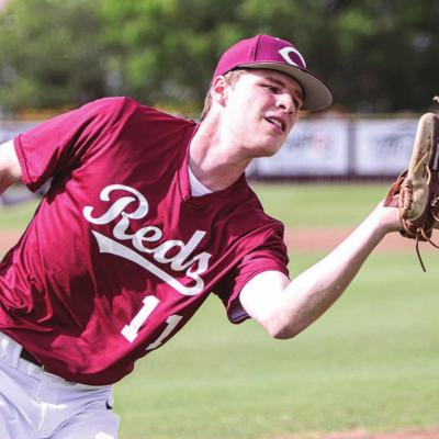 Jackson Crumley records an out in foul territory during Monday’s non-district game with Weatherford. Crumley went 1-for-4 at the plate and scored one run. He pitched two shutout innings in relief. CDN |Adam Ewing Reds drop non-district game vs Weatherford