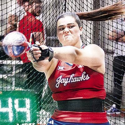 Former Clinton Lady Red Thrower Kat Meacham participates in the hammer throw event for the University of Kansas track and field team this season. CDN | Courtesy photo