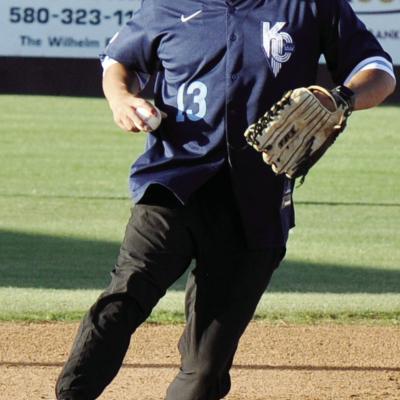 Ben Perez steps on the base for the out during the alumni game at Clinton’s baseball field Friday. CDN | Staff Photo