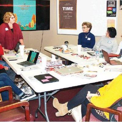 Early childhood principals and directors meeting at Nance are, clockwise from left, Teresa Bowker and Julie Wallace, both of Broken Arrow; Traci Newell, Elgin; Janalyn Taylor, Clinton; Kathleen Messenban, Bixby; Collette Shepard, Lakeshore Learning; Dr. S State educators meet at Nance
