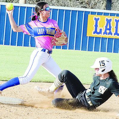 Arapaho-Butler’s Madi Lockhart tags the base before the runner arrives and hurls the ball to first for the double play during the Lady Indians’ win over Seiling. CDN | Sam Goodwyn
