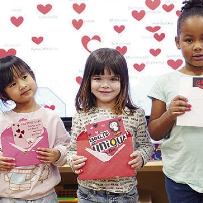 Nance Pre-K students participated in Hearts Around the United States. Their goal was to receive a valentine card from every state, and they received cards from 47 states. Pictured are students from Beth Miller’s class from left, are Natilyn Peterson, El