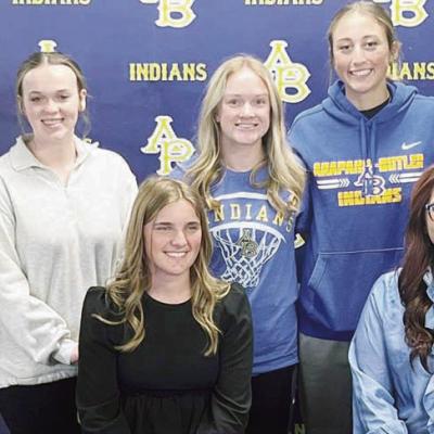 Kamryn Oakes recently signed to join the Northern Oklahoma College livestock judging team for the next two years. Pictured seated from left are Kamryn Oakes, NOC Coach Jennifer Bedwell; standing, FFA instructor Lauren Bilderback, students Danni Brinkley, Oakes signs with NOC