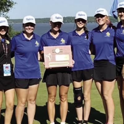 The Arapaho-Butler Lady Indians recently won the regional championship at The Coves in Afton to qualify for the Class 2A State Tournament. From left are Assistant Coach Lilly Roush, Malley Baker, eighth place (104); Elisa Vels, second place (85); Tinley M