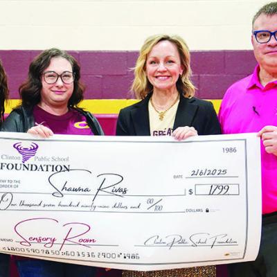 The Clinton Public School Foundation handed out 15 teacher grants last week. From left are Southwest Elementary Principal April Miner, teacher Shawna Rivas and foundation board members Jenn Mosburg and Tim Miller. CDN | Courtesy photo