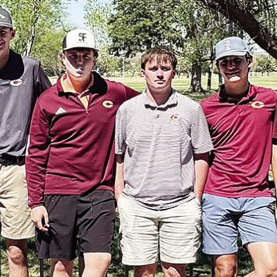 The Clinton Boys’ golf team smiles after competing at the All-Conference Tournament Thursday in Weatherford. Pictured, from left, are Coach Brent Caldwell, Andre Lime, Landyn Kunsman, Bryson Snider, Rayden Walker, Scout Acosta, Sy Foster, Caber Johnson 