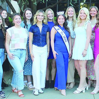 Southwestern Oklahoma State University Miss SWOSU 2026 Scholarship Pageant contestants include, front from left, Dakota Duke, Sierra Stephens, Mackenzie Brown, Kristen Range, Miss SWOSU 2025 Mia Macias, Avari Brown, Selah Bentley, Andrea Stalder, Jocelyn 