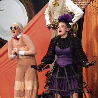 From left, front, Hannah Gregory as Earthworm and Lily Adkinson as Spider. Back is Easton Byrd as Centipede in the play “James and the Giant Peach Jr.” at Southwest Playhouse. CDN | Christian Jacobsen