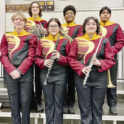 Clinton High School students selected to Shortgrass Honor Band, front from left, Wyler Smith, Azul Uribe, Grace Rivas; back, Jackson McCullough, Kristian Bennett, and Pedro Solis stand at the Pioneer Performing Arts Center in Elk City. CDN | Courtesy phot Clinton High School students selected to Shortgrass Honor Band, front from left, Wyler Smith, Azul Uribe, Grace Rivas; back, Jackson McCullough, Kristian Bennett, and Pedro Solis stand at the Pioneer Performing Arts Center in Elk City. CDN | Courtesy phot