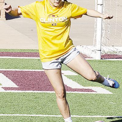 Clinton’s Sammy Meraz goes to kick the ball during soccer practice at the Tornado Bowl. CDN | Sam Goodwyn