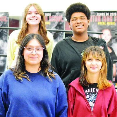 Clinton High School choir members, front left, Ayshka Garcia, Delilah Perez; back, Lily Adkinson, and Kristian Bennet stand together after being chosen to be in the 2026 Oklahoma Choral Directors Association’s All-State Honor Choir. CDN | Micah Ashcraft