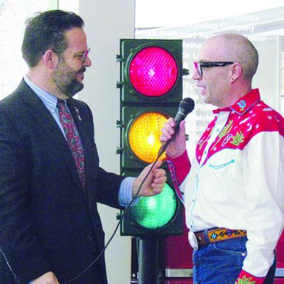 Oklahoma Historical Society Director Chantry Banks, left, introduces the new director for the Oklahoma Route 66 Museum, Cory Cart, Tuesday at the museum. CDN | Christian Jacobsen