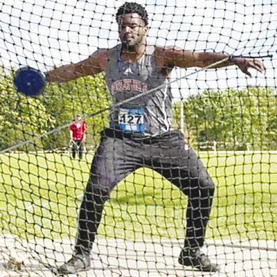 Former Clinton thrower Montiel “Bumpy” Crane throws for Coffeyville Community College during a meet this year in Coffeyville, CDN | Courtesy Photo