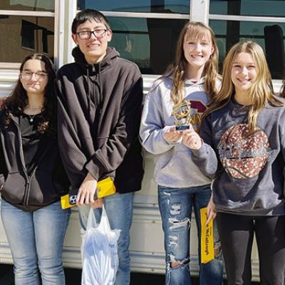 The eighth- and ninth-grade quiz bowl team placed fourth at the regional competition in Midwest City recently to qualify for state on April 26 in Dale. From left, are Brittan Mosburg, Victoria Nemtan, Felipe Acosta, Jaiden McCullough, Hadley Meget, Brinle