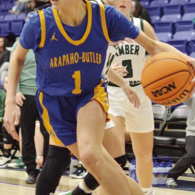 No. 1 Jada Akin drives to the basket during the Lady Indians’ first-round matchup against Amber-Pocassett in the Western Equipment Classic. CDN | Sam Goodwyn A-B splits first round of home tournament