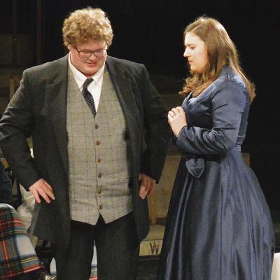 Boone Hardaway (Max Halliday) and Amelia Hardaway (Margot Wendice) act out the opening scene of “Dial M for Murder” at Southwest Playhouse. CDN | Christian Jacobsen