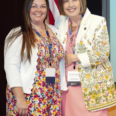 Clinton Public Schools Band Director Summer Morgan, left, was honored by Katheryn Szallar at a pinning ceremony at the National Board Summit at the Oklahoma History Center in Oklahoma City. CDN | Courtesy photo