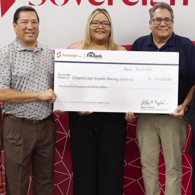 Commemorating a $500,000 housing grant are, from left, Sovereign Bank VP Tribal Relations Manager Debbie Lindsey; Cheyenne and Arapaho Housing Authority Gov. Reggie Wassana; Cheyenne and Arapaho Housing Authority Housing Specialist Joscelyn Tapaha; Cheyen