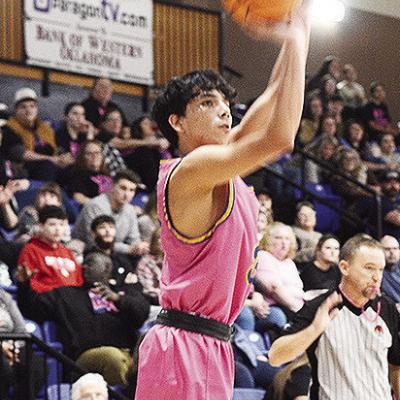 Arapaho-Butler’s D’Shawn Washee shoots a three Friday during the Indians’ home game against the Chieftains. CDN | Sam Goodwyn