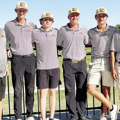 The Clinton boys’ golf team smiles after competing at the Class 4A Regional Tournament Monday in Elk City. Pictured, from left, are Coach Brent Caldwell, Landyn Kunsman, Sy Foster, Caber Johnson, Scout Acosta and Sutton Hernandez. CDN | Courtesy photo