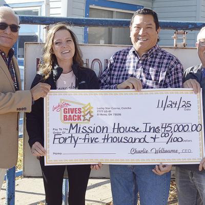 From left, Lucky Star Casino Chief Executive Officer Charlie Welbourne, Clinton Mission House Director Jennifer Lee, Cheyenne and Arapaho Tribes Gov. Reggie Wassana, and Clinton Mission House Board President Troy Lee stand together as Lucky Star Casino pr From left, Lucky Star Casino Chief Executive Officer Charlie Welbourne, Clinton Mission House Director Jennifer Lee, Cheyenne and Arapaho Tribes Gov. Reggie Wassana, and Clinton Mission House Board President Troy Lee stand together as Lucky Star Casino pr