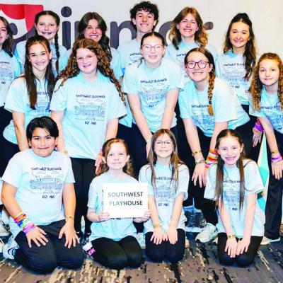 Taking part in the trip to Sacramento, Calif., was this group of young performers from Southwest Playhouse. Pictured front, from left, are Tinley Chase, Christian Hensley, Maddie Basler, Ainsley House, Izzy Taylor, Jude Hemmingway; middle, Mayzie Sadler, 