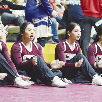 Clinton cheerleaders cheer on a Red Tornado wrestlers during the annual Hub City Wrestling Tournament at the Tornado Dome. Pictured, from left, are Lillian Lime, Perla Labastida, Jessica Ochoa, Josselyn Gonzalez, Callie Rodriguez and Azlynn Salinas. CDN |