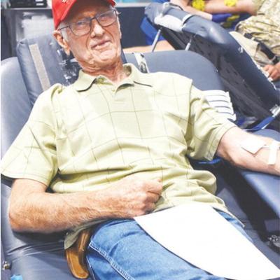 Jerry Schmidt reclines back and gives a pint for the Oklahoma Blood Institute at the First Christian Church’s Family Life Center. CDN | Caleb Blanchard Donation time