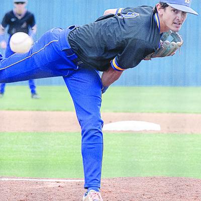 Arapaho-Butler’s Kaden Waldrop watches the ball after pitching in the Indians’ win over Wayne to open the Class A Regional Tournament Thursday at home. CDN | Sam Goodwyn