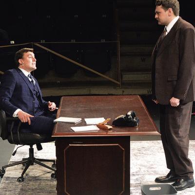 Tony Wendice (Wesley Javorsky” antagonizes Jacob Staggs’ character in “Dial M for Murder” at Southwest Playhouse. Look at Staggs’ clenched fist. CDN | Christian Jacobsen