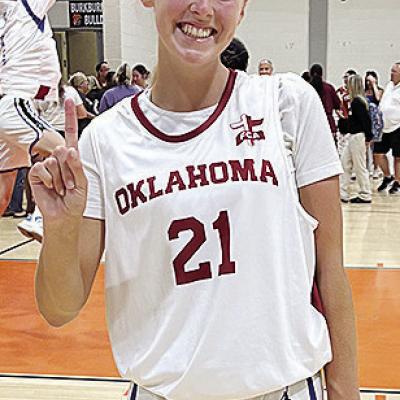 Corn Bible Academy’s Gretta Geisler shows how happy she is after competiting in the basketball game part of the Battle of the Border between Oklahoma and Texas in Burkburnett, Texas CDN | Courtesy photo
