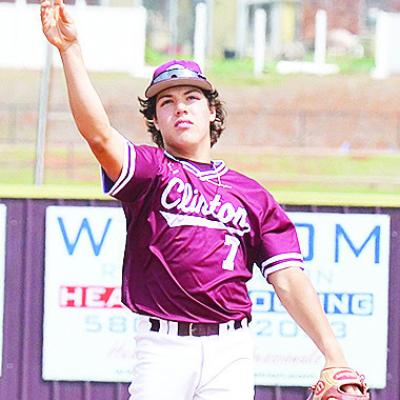 No. 7 Easten Powell throws the ball back to the pitcher during Clinton’s game against Bethany. CDN | Sam Goodwyn