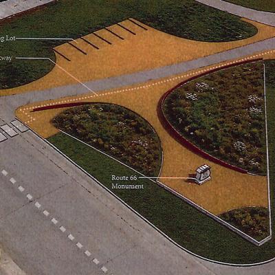 The image above depicts an artist’s rendering of the proposed new location of a Rt. 66 monument at the “The Triangle” located where 10th Street and Opal Avenue converge. Below is a photo of what the present-day location looks like. CDN | Courtesy ph