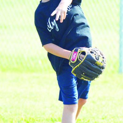 Barret Binson launches the ball to home plate during his T-ball game at Acme Brick Park. CDN | Sam Goodwyn OB&T's
