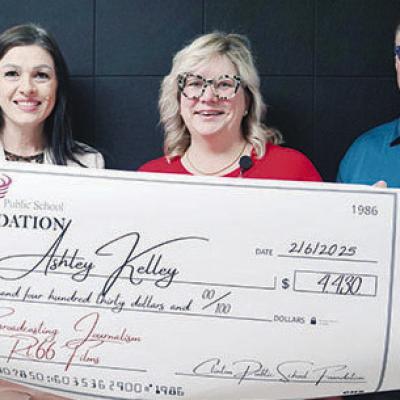 The Clinton Public School Foundation handed out 15 teacher grants last week. From left, are Assistant Principal Brent Caldwell, High School Principal Michelle Sorter, teacher Ashley Kelley and board members Tim Miller and Jenn Mosburg. CDN | Courtesy phot