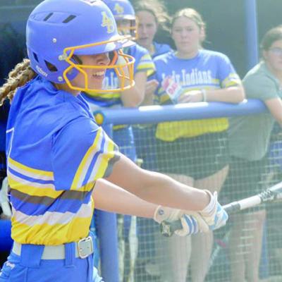 Piper Sawatzky hits the ball to the outfield. She also pitched a one-hitter against Thomas. CDN | Josh Jennings Lady Indians run rule Thomas