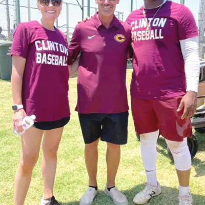 Clinton head baseball coach Kelly Gaunt, center, enjoys this past weekend’s fundraiser softball tournament alongside Natalie Blundell, left, and J.J. Brown. CDN | Courtesy Photo Community steps up for Gaunt
