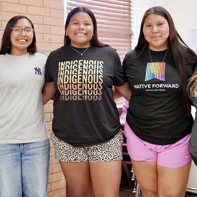 Three Clinton High School students were accepted into the Native Youth Community Project intern program. From left are Quinn Elkshoulder, NYCP coordinator; Arianna Spottedwolf; Aracelie Chavez; Marley Gamboa; and Jamie Rishel, NYCP college support adviser
