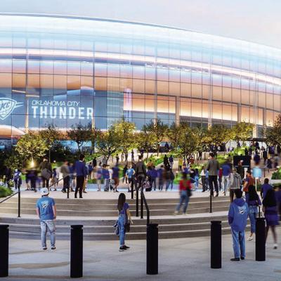 One of the renderings for the new OKC Thunder arena shows the exterior of the building with fans walking in. CDN | Courtesy Photo