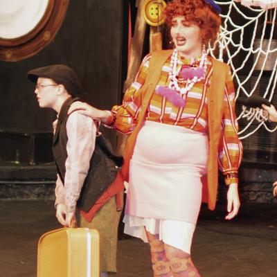 Ainsley House, left, as James is picked up for the first time by Opal Smith as Aunt Sponge during “James and the Giant Peach Jr.” at Southwest Playhouse. CDN | Christian Jacobsen
