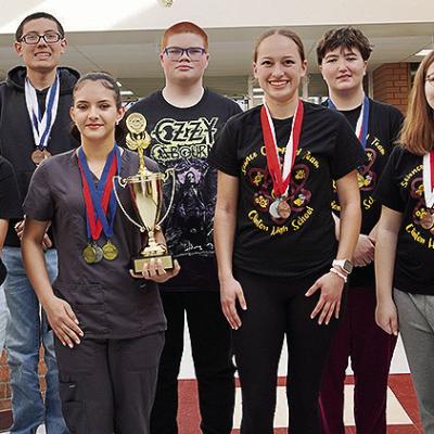 The Clinton High School Science Olympiad team recently won a regional title and will compete Saturday at the University of Central Oklahoma for the state tournament. Pictured front, from left, are Victoria Nemtan, Jolina Zhao, Idalia Pelayo, Paisley Ruyle