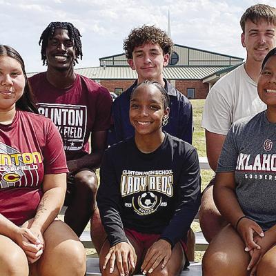 The state qualifers for Clinton’s track and field team come together for a group photo as they prepare to compete at state this weekend. Pictured front, from left, are Marley Gamboa, Peyton Clonce and Aracelie Chavez; back, Atticus Thompson, Bentlee Her