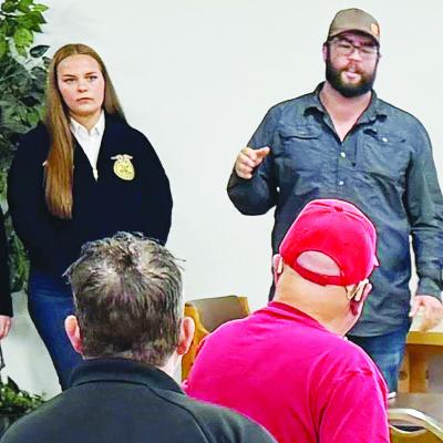 Annabelle Rose, left, and Arapaho-Butler Ag Teacher Mitchell Hunter give a presentation to a group of locals with questions ahead of the Sept. 9 bond issue vote for a new Ag building. CDN | Courtesy photo Annabelle Rose, left, and Arapaho-Butler Ag Teacher Mitchell Hunter give a presentation to a group of locals with questions ahead of the Sept. 9 bond issue vote for a new Ag building. CDN | Courtesy photo