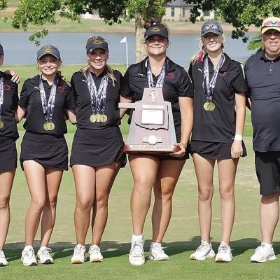 The Lady Reds finished third in the Class 4A State Tournament Tuesday in Blanchard, but were crowned the State Academic Champions with a 4.0 GPA. Pictured, from left, are Coach Mike Lee, Addison Newcomb, Rylee Cummins, Grace Meacham, Kat Meacham, Addyson CHS Lady Reds golf earn third at state