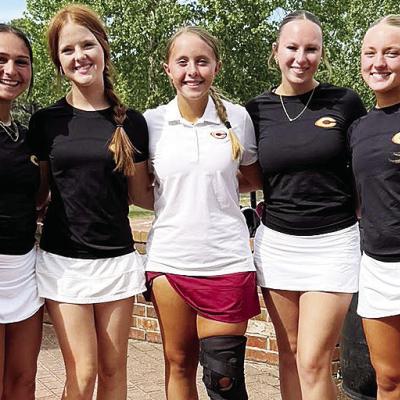 Clinton’s girls’ golf team smiles after finishing as runner-up at the Class 4A Regional Tournament recently at the Jimmie Austin Golf Course in Seminole. Pictured, from left, are Tatum Fanshier, Bella Bridgeman, Emma Ray, Paige Pugh and Jocelyn King. 