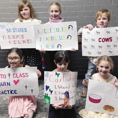 Western Oklahoma Christian School 4-H Cloverbuds presented at the Custer County Demonstration and Impressive Dress Event. Pictured, front row, from left, are Ellyanna Lagman, Abigail Funk, Hazel Mayfield; back, Abigail Horn, Willow Mayfield, and Benjamin 