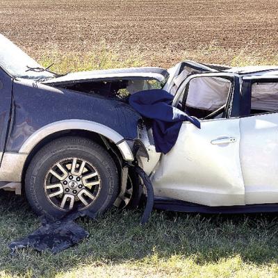 A 4-year-old boy travelling in the 2008 Expedition, at left, and both occupants of the 2013 Nissan Juke died Monday afternoon in a head-on collision four miles east and a mile north of Arapaho. CDN | Courtesy of Clinton Fire Department 2 children, 1 adult die in crash