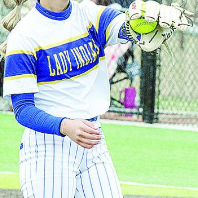 Arapaho-Butler’s Reagan Schoeppach catches the ball during the Lady Indians’ win over Caddo in the Class 3A Slow-Pitch State Championship in Shawnee. CDN | Sam Goodwyn